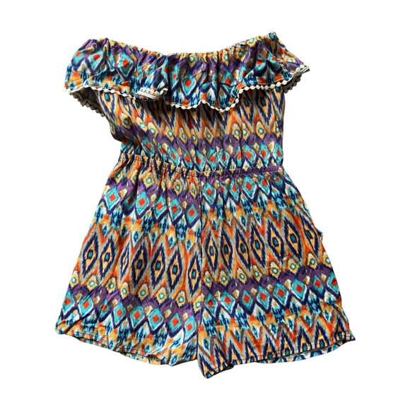 Boho Tube Top Romper Small Tribal Print Elastic Waist Ruffle Pom Trim Coachella - Picture 9 of 13